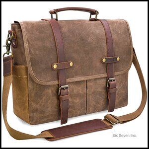 15.6 Inch Waterproof Genuine Leather Waxed Canvas Messenger Bag Briefcase